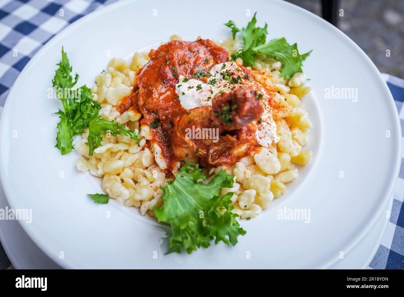 Chicken paprika with sour cream and noodles. Hungarian traditional food in Szentendre. Stock Photo