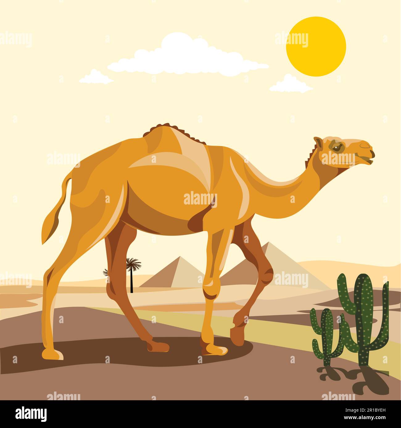 Desert camel composition with wasteland landscape and flat images with train of camels crossing deserted place vector illustration. One humped camel.C Stock Vector