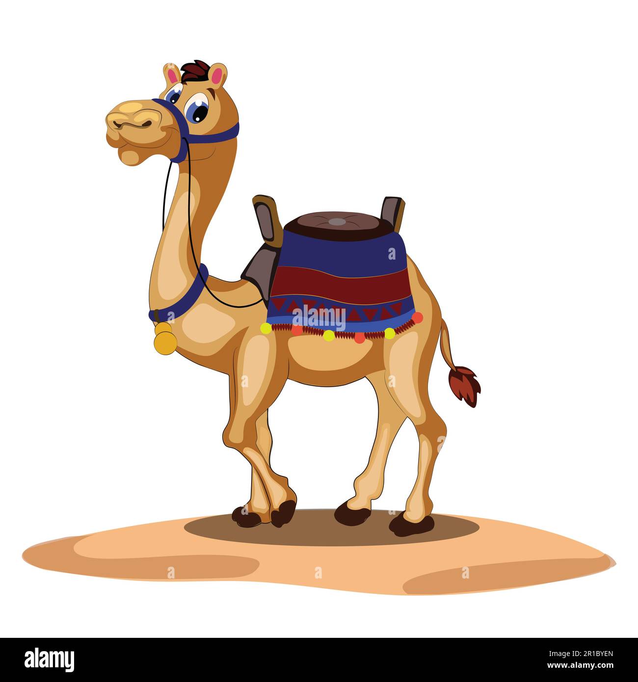 Cartoon camel isolated on white background. Cute camel cartoon with saddlery. Cartoon funny camel with saddlery vector illustration. Cute cartoon came Stock Vector