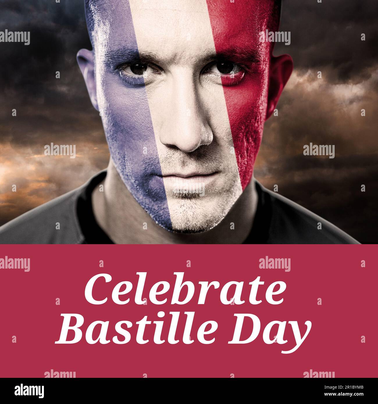 Composition of bastille day text over caucasian man with painted flag of france on face Stock Photo