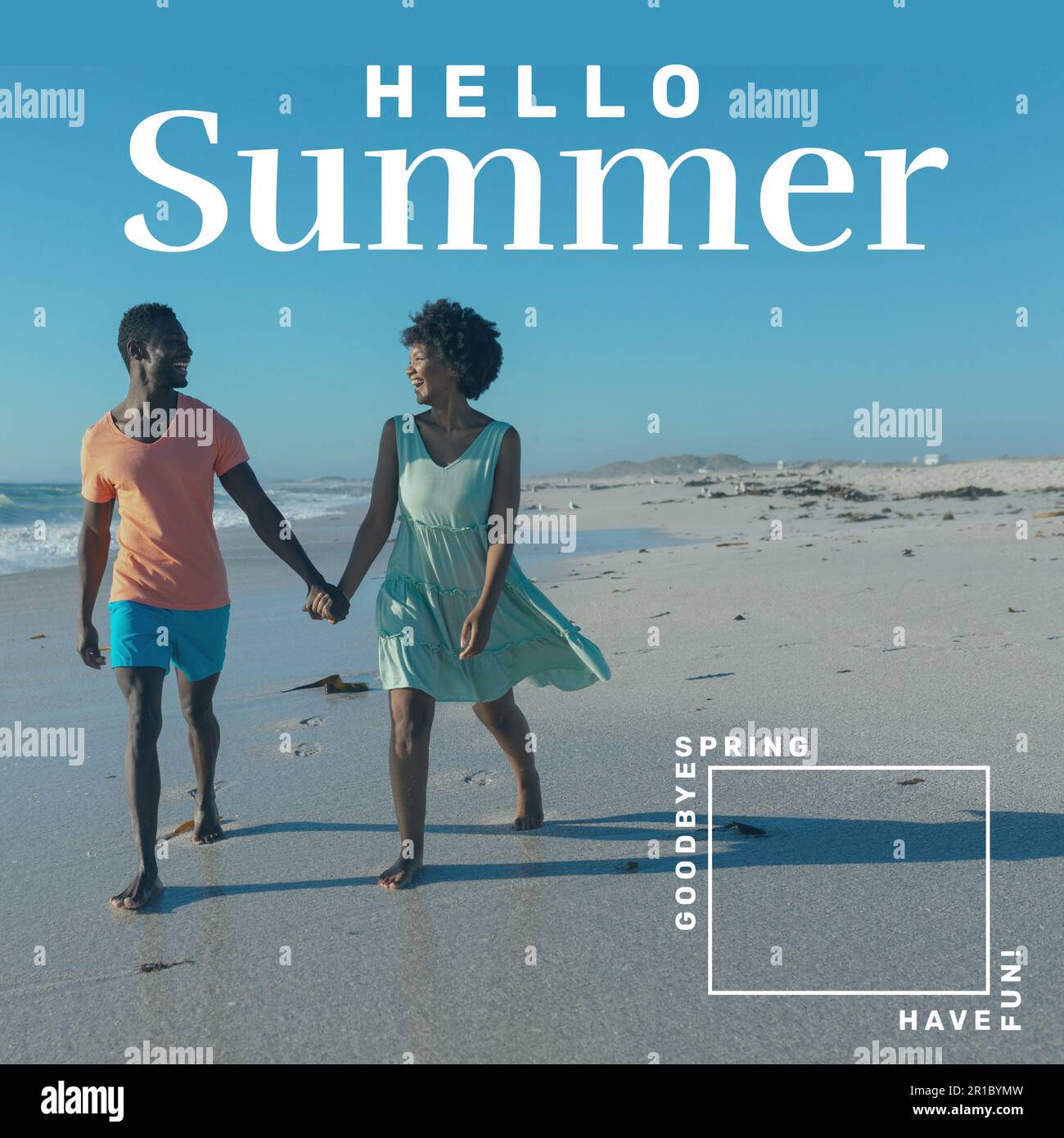 Hello summer and have fun text over african american couple holding hands and walking at beach Stock Photo