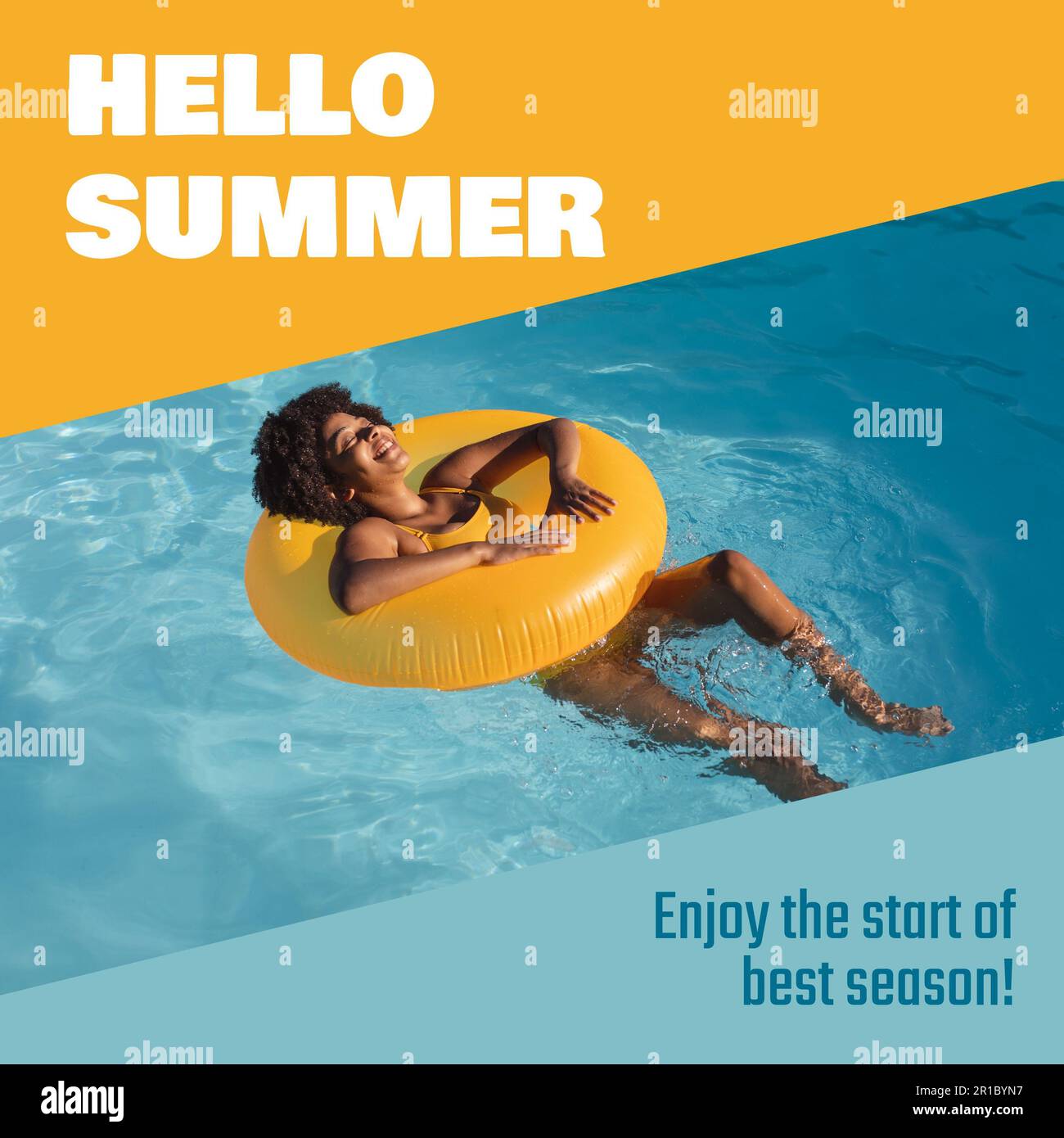 Hello summer text and african american woman with afro hair relaxing on inflatable swim ring in pool Stock Photo