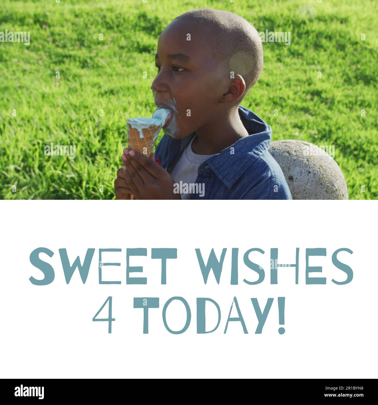 Composition of happy ice cream day text over african american boy eating ice cream Stock Photo