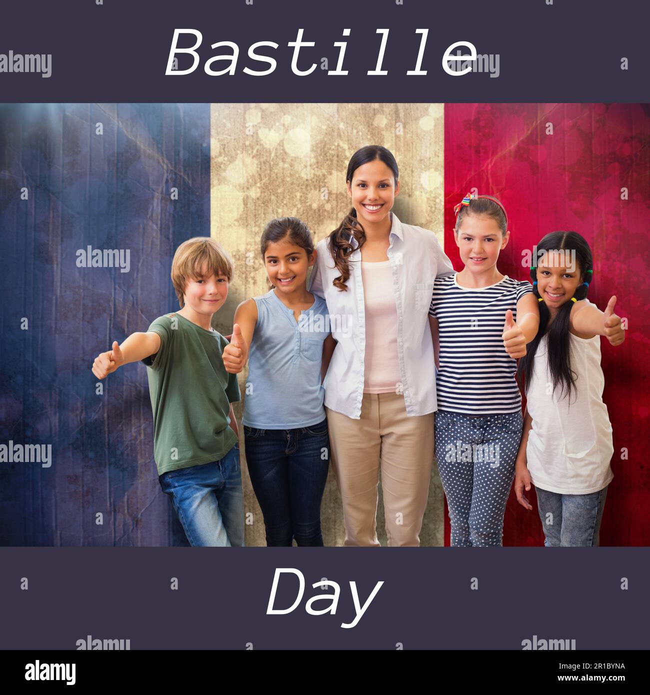 Composition of bastille day text over diverse family and flag of france Stock Photo