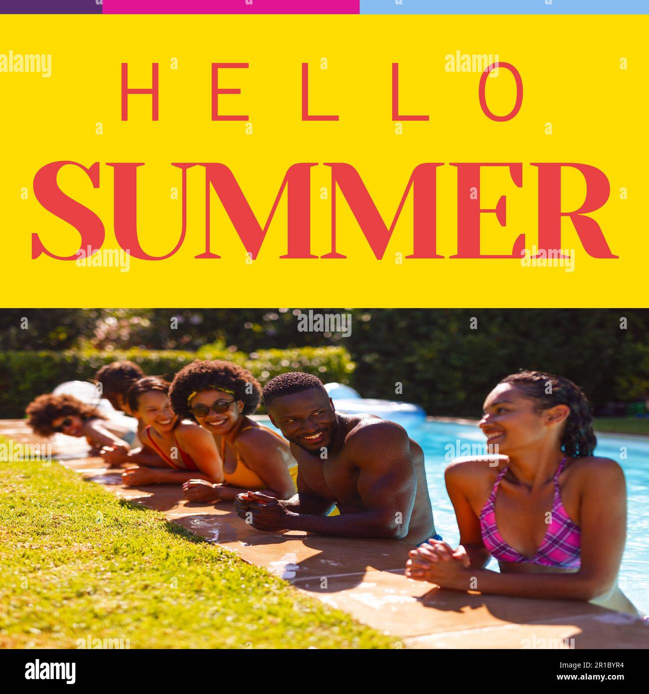 Composite of hello summer text and diverse friends standing in a row at poolside during sunny day Stock Photo