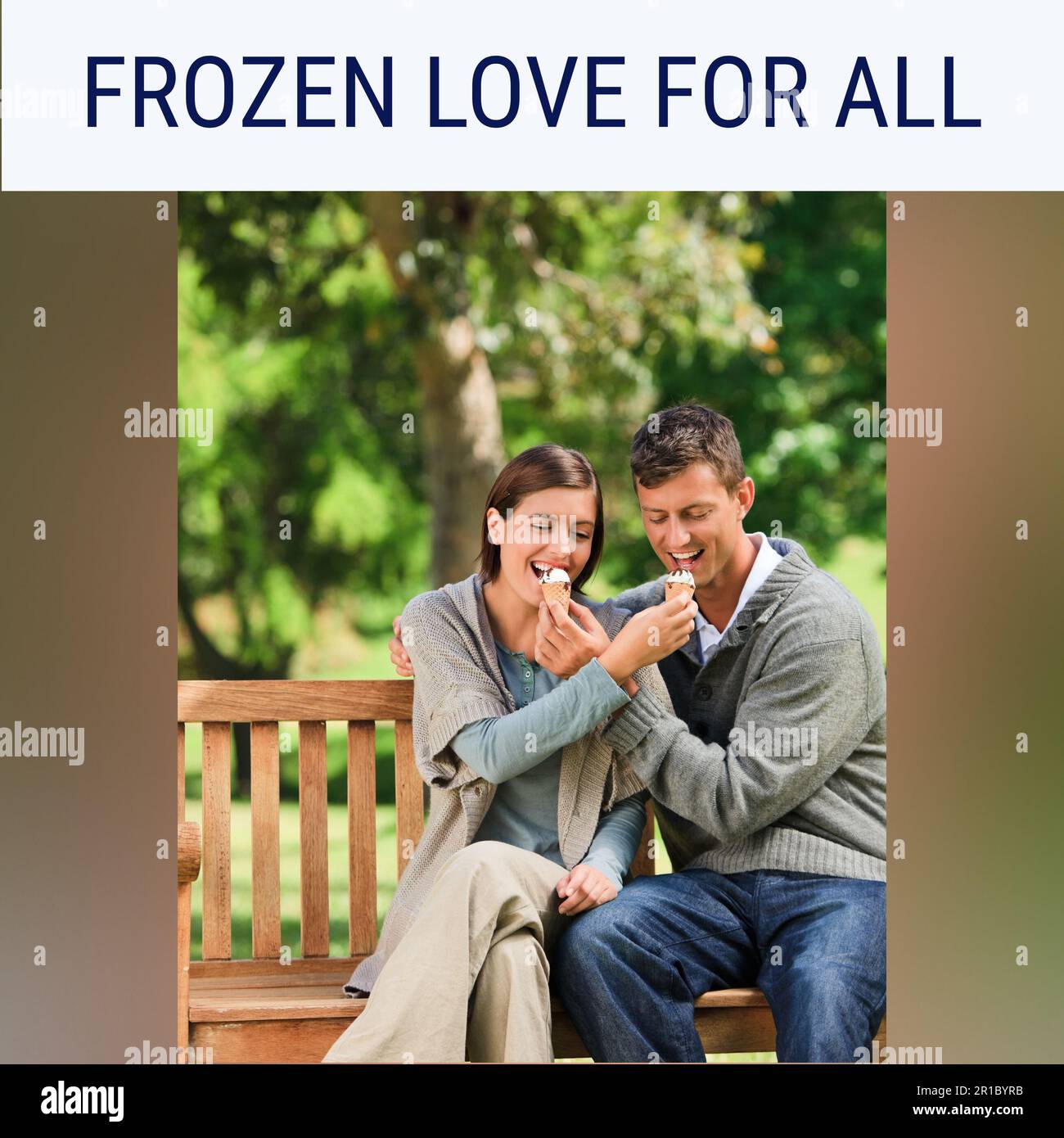 Composition of happy ice cream day text over caucasian couple eating ice cream Stock Photo