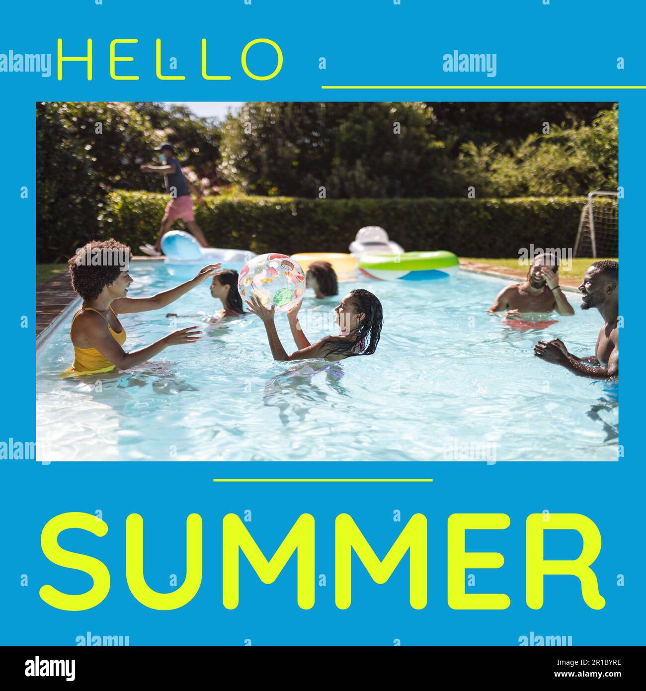 Composite of hello summer text and diverse friends playing with ball in swimming pool on sunny day Stock Photo