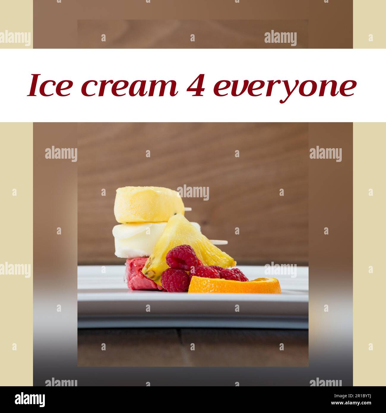 Composition of happy ice cream day text over fruit and ice cream Stock Photo