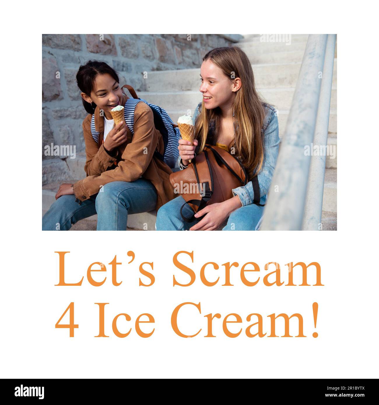 Composition of happy ice cream day text over diverse female friends eating ice cream Stock Photo