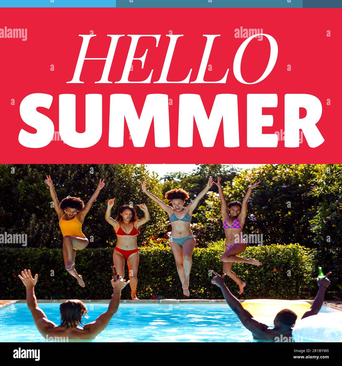 Composite of hello summer text and diverse female friends jumping in swimming pool on sunny day Stock Photo