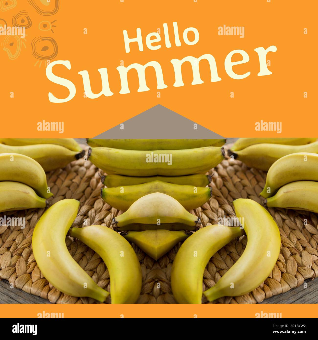 Composite of hello summer text and raw fresh bananas arranged on table, copy space Stock Photo