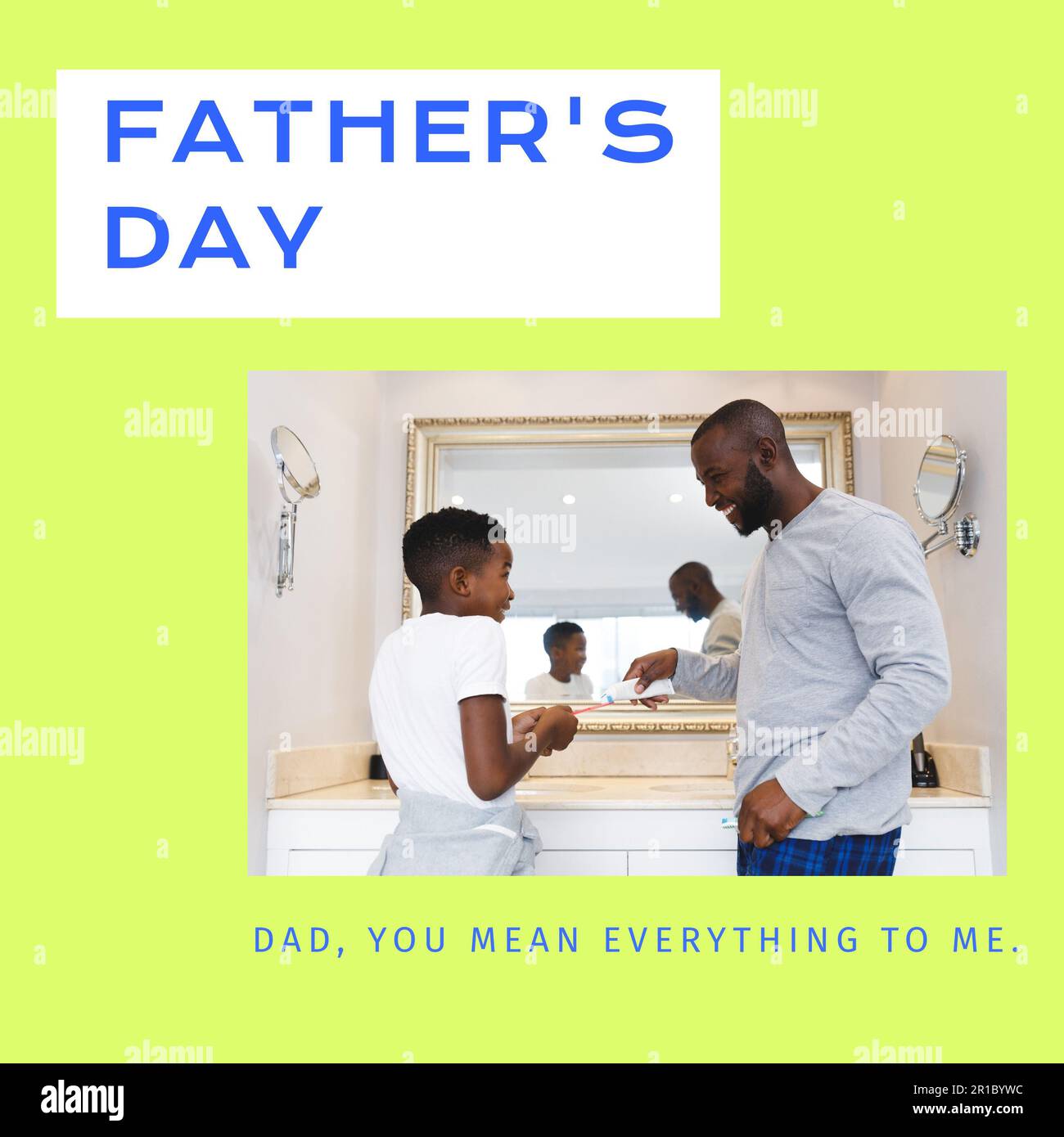 Composition of father's day text over african american father and son with toothbrush Stock Photo
