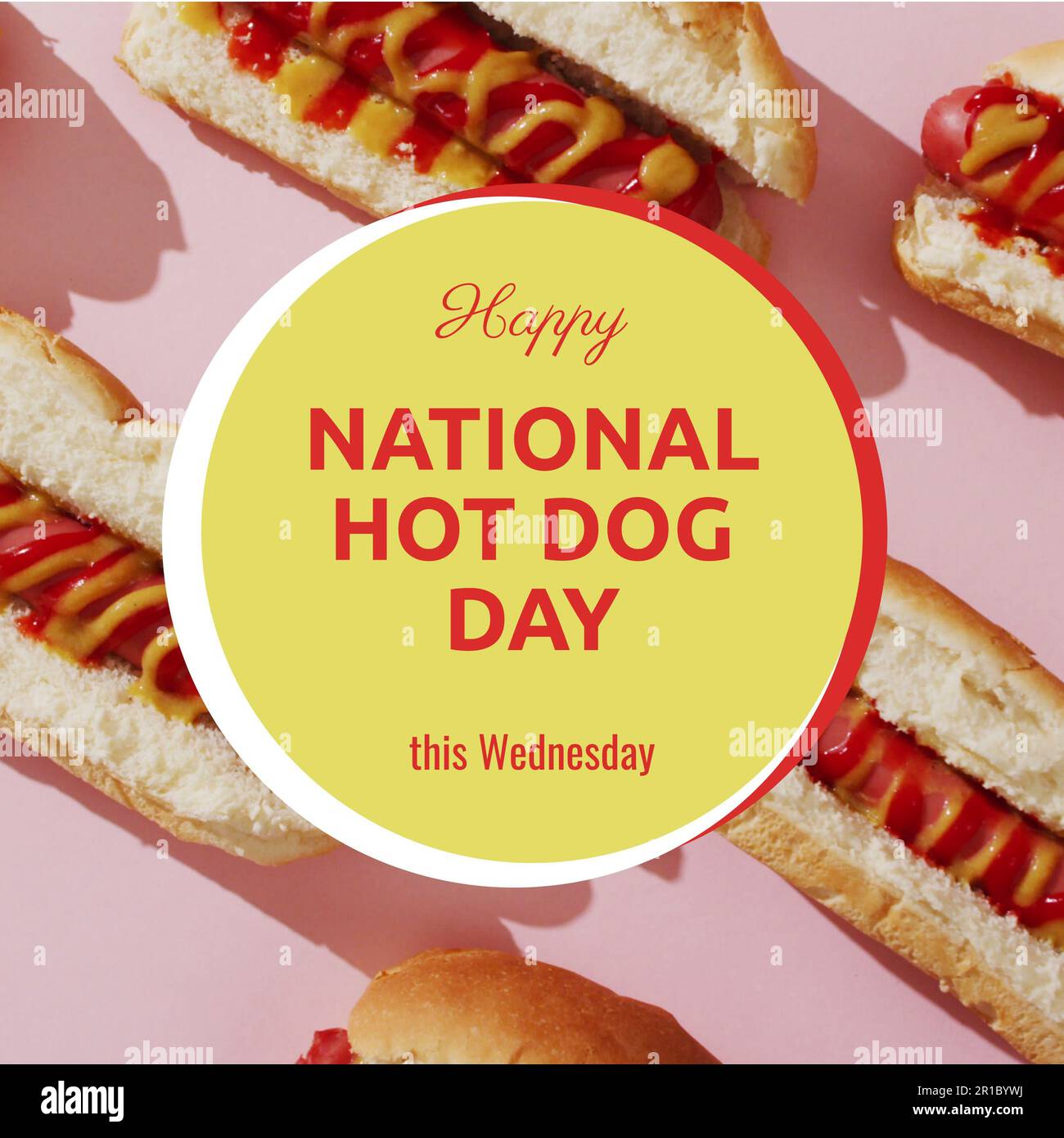 Composite of happy national hot dog day, this wednesday text in circle over hot dogs served on table Stock Photo