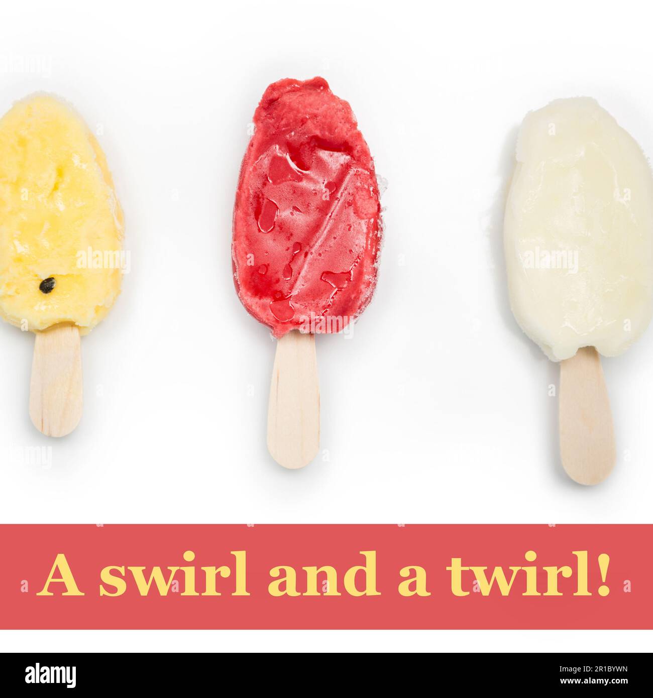 Composition of happy ice cream day text over ice cream on sticks Stock Photo