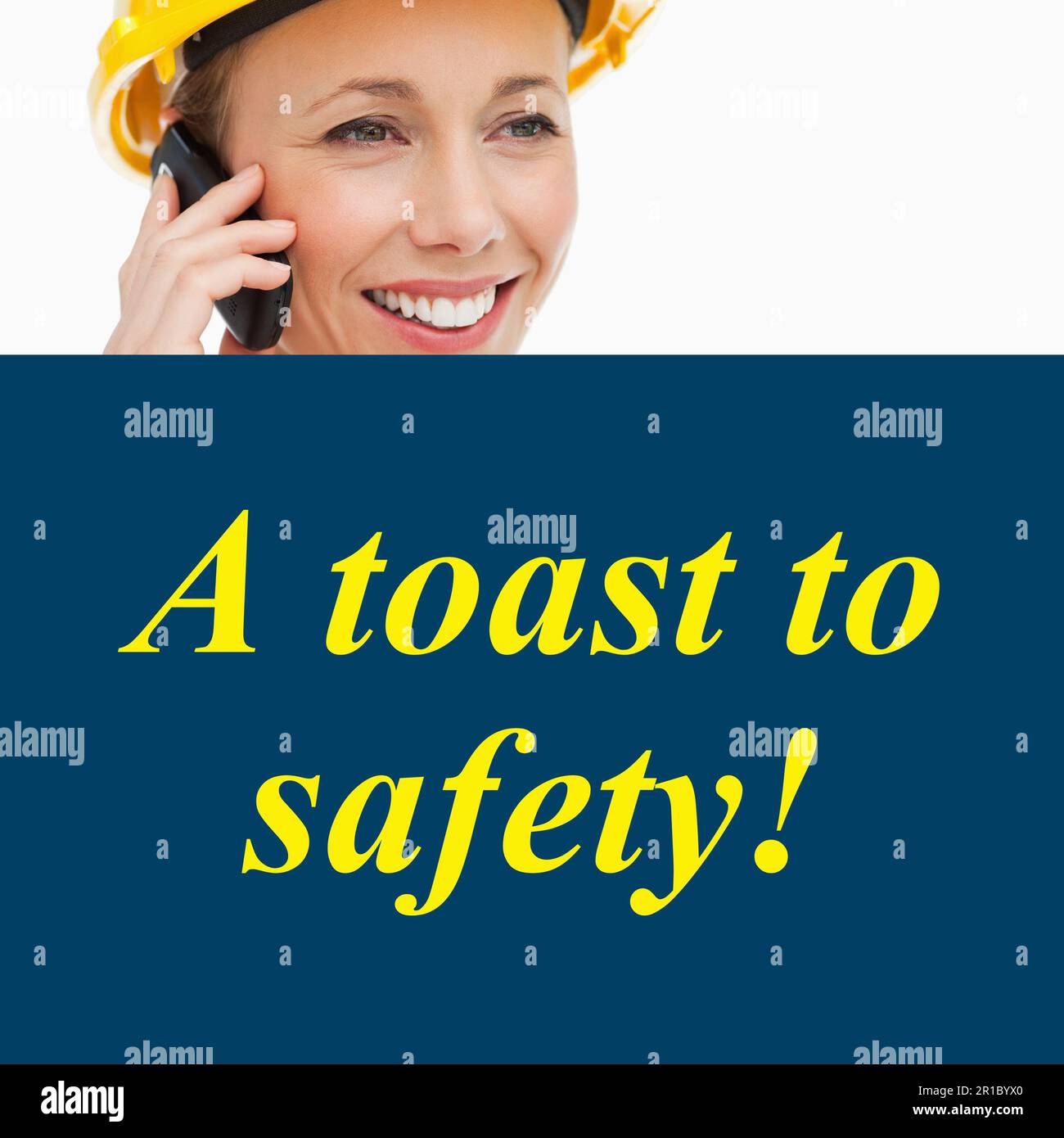 Composition of health and safety text over caucasian woman holding safety helmet Stock Photo