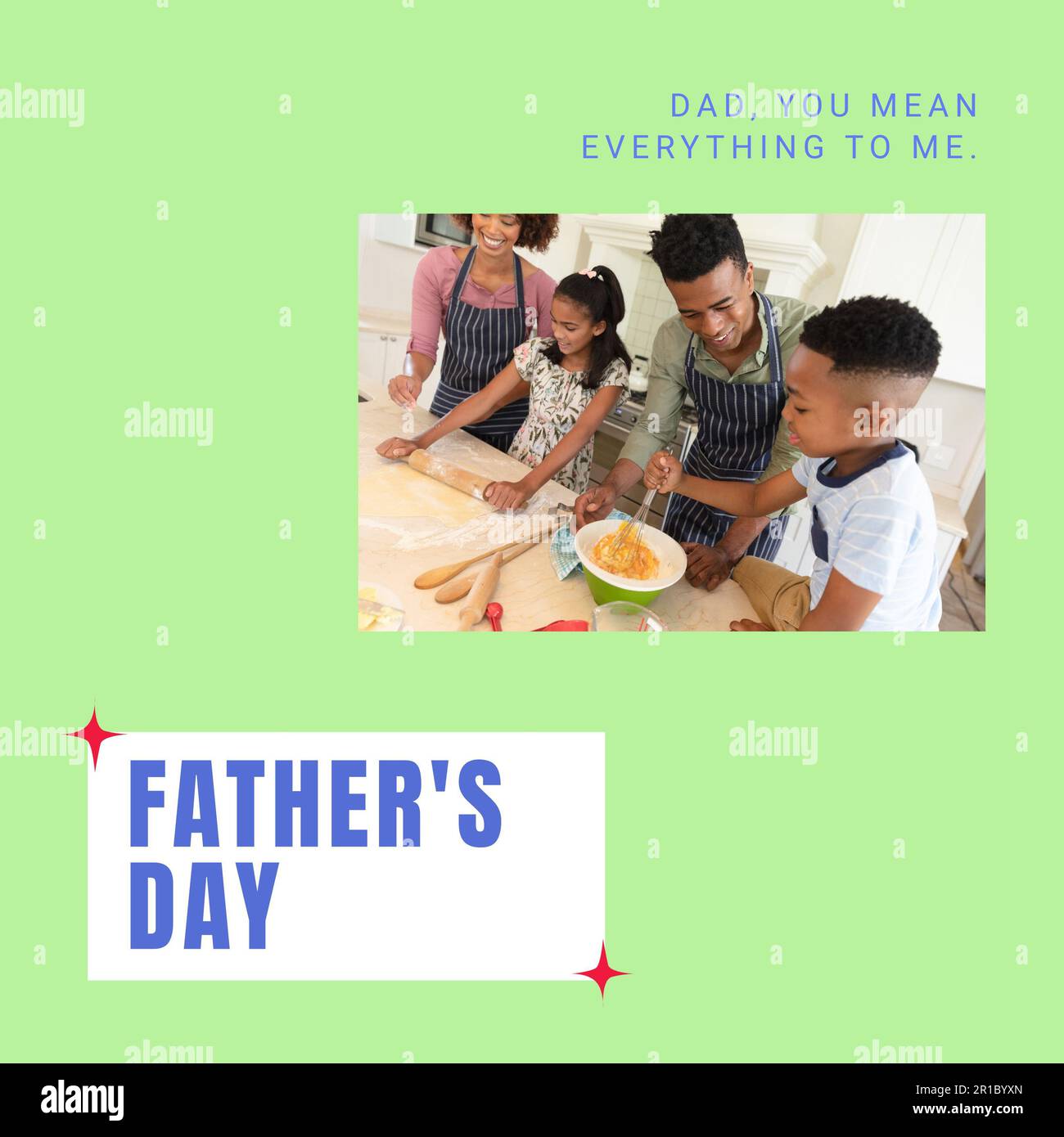 Composition of father's day text over african american couple with son and daughter baking Stock Photo