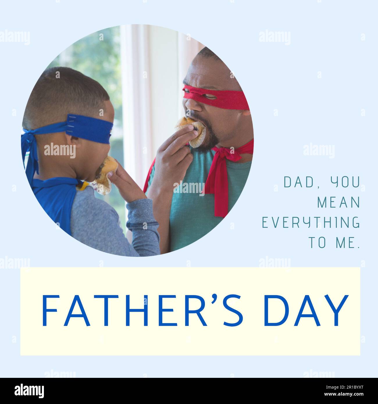 Composition of father's day text over african american father with son dressed as superheroes Stock Photo