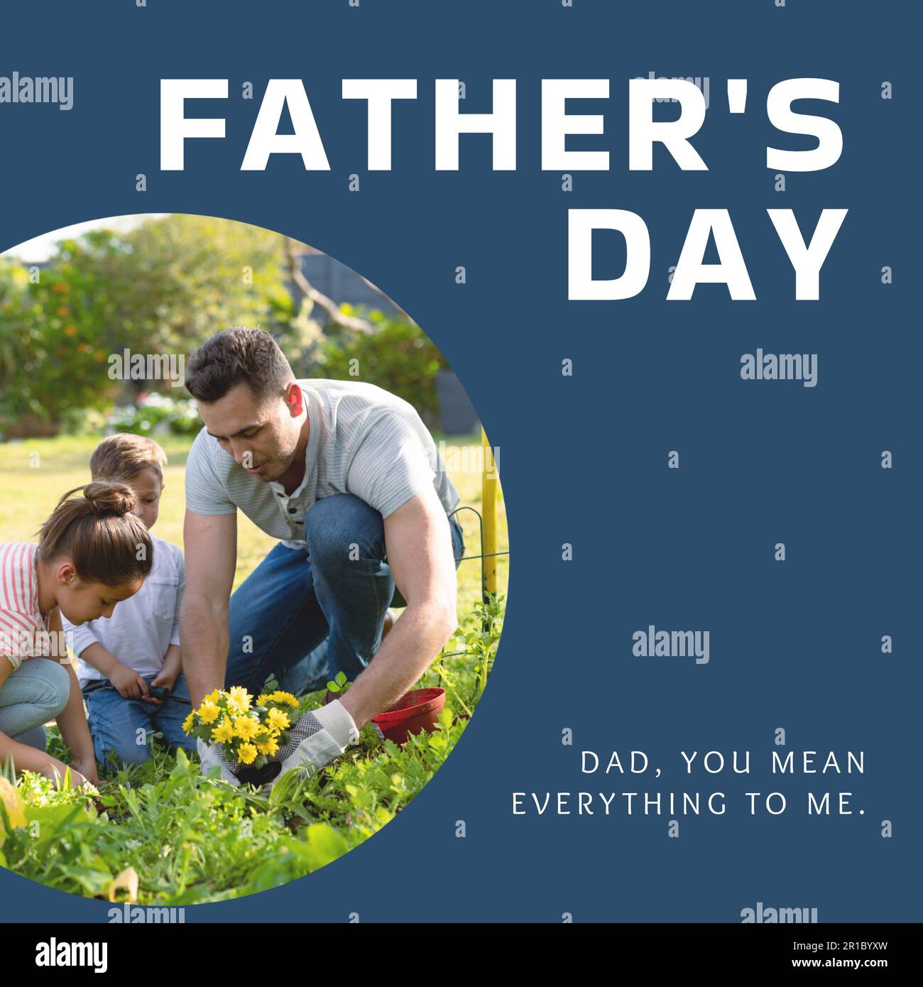 Composition of father's day text over caucasian father with son and daughter gardening Stock Photo