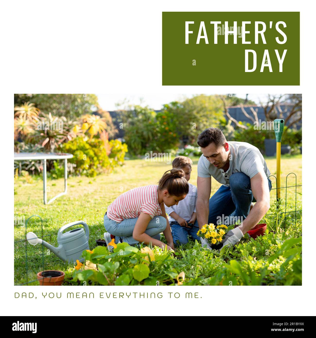 Composition of father's day text over caucasian father with son and daughter gardening Stock Photo