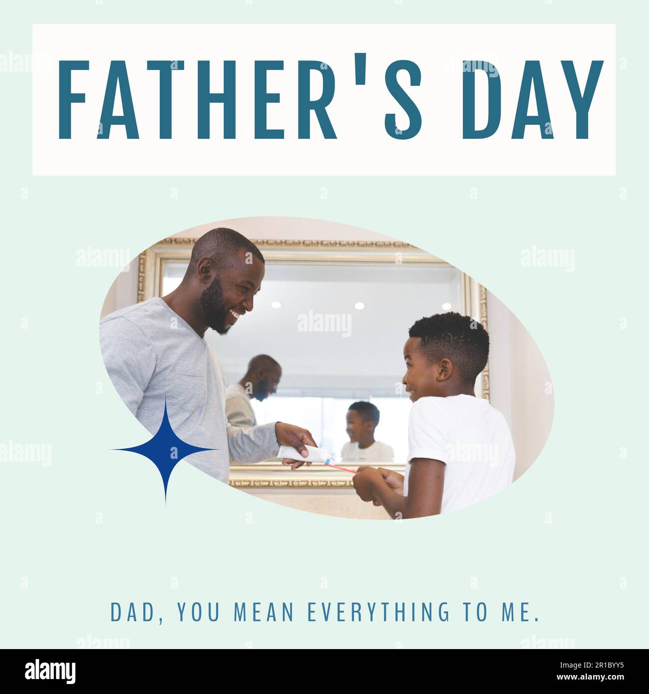 Composition of father's day text over african american father with son in bathroom Stock Photo