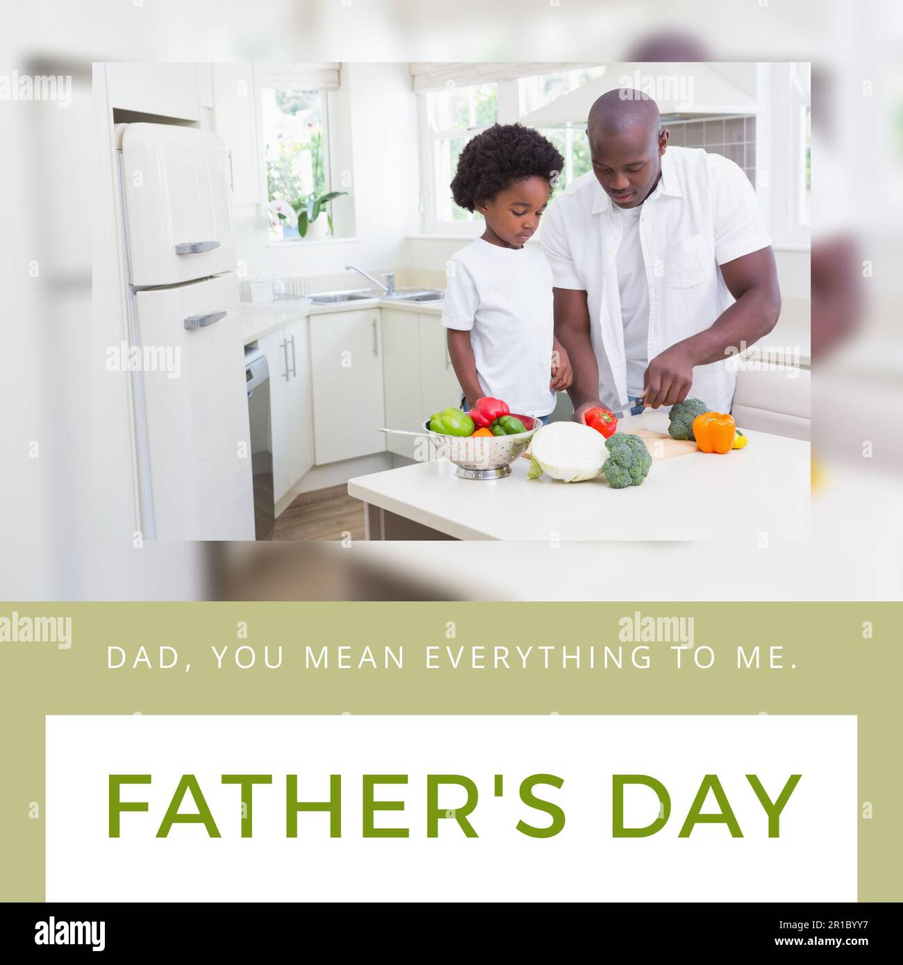 Composition of father's day text over african american father with son in kitchen Stock Photo