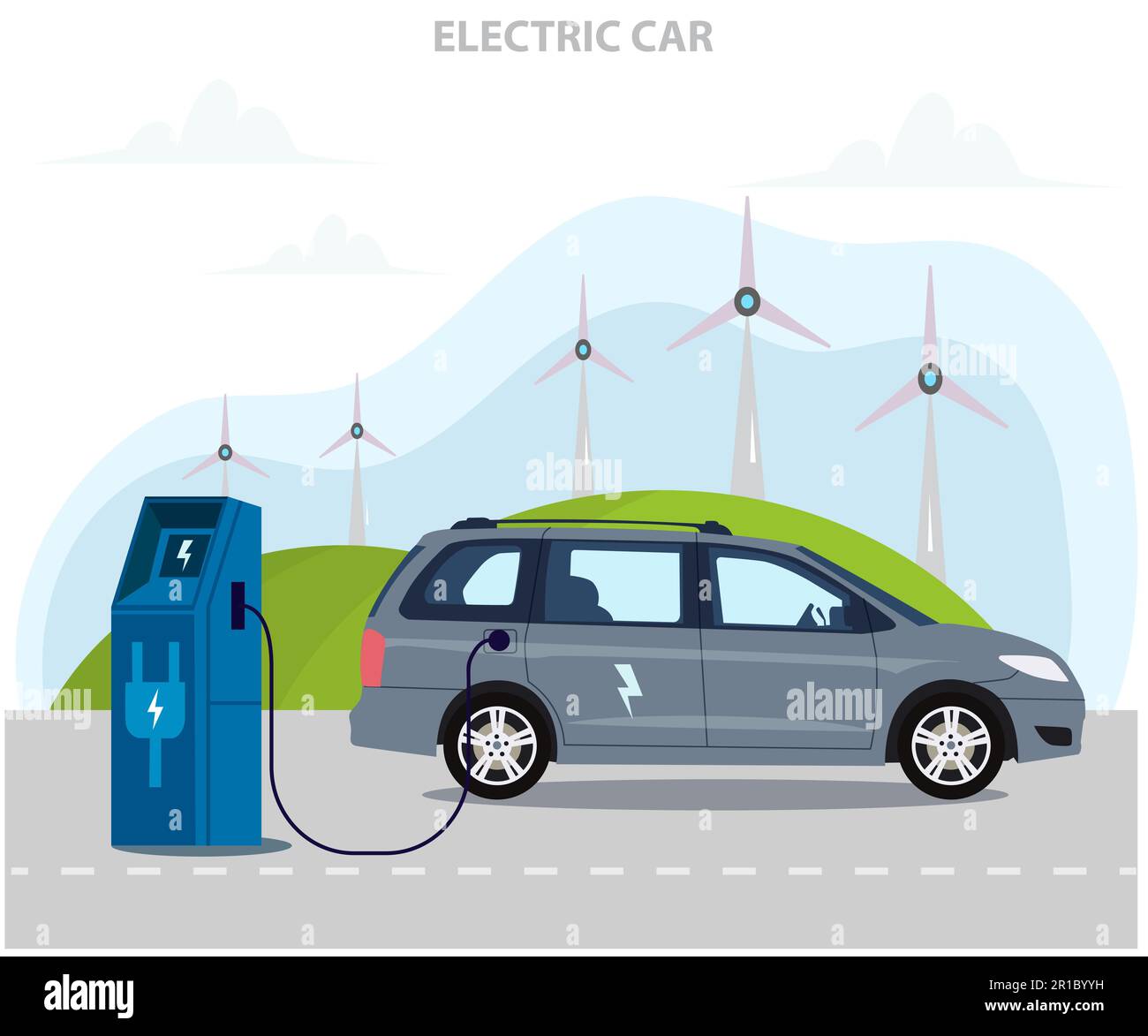 Electric car at charging station. EV concept Vector illustration. Electric car usage and green electricity production. Electrified future transportati Stock Vector