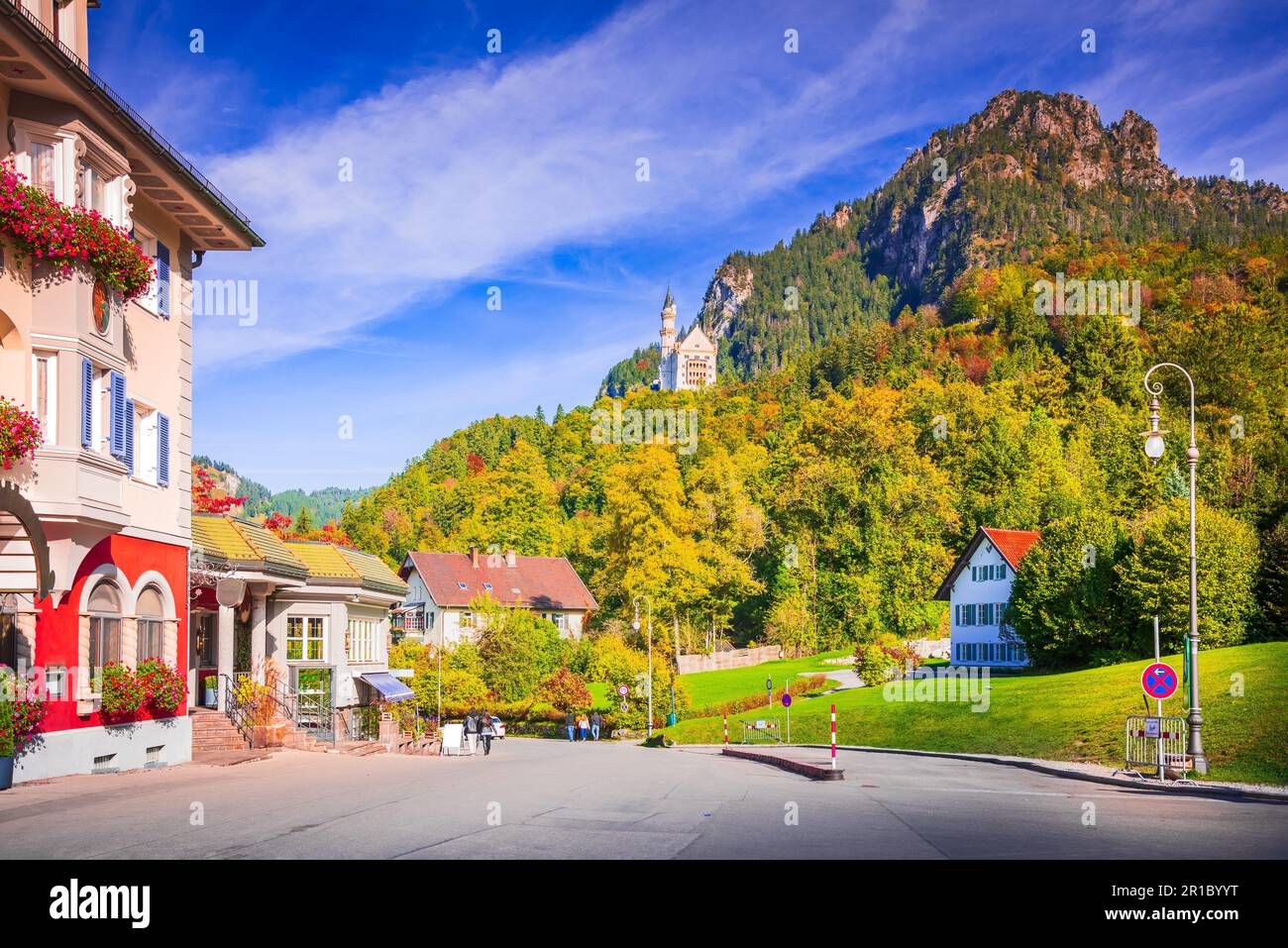 Neuschwanstein, Germany - Schwangau charming town, beautiful autumn colors, fairytale Bavaria Alps, german travel background. Stock Photo
