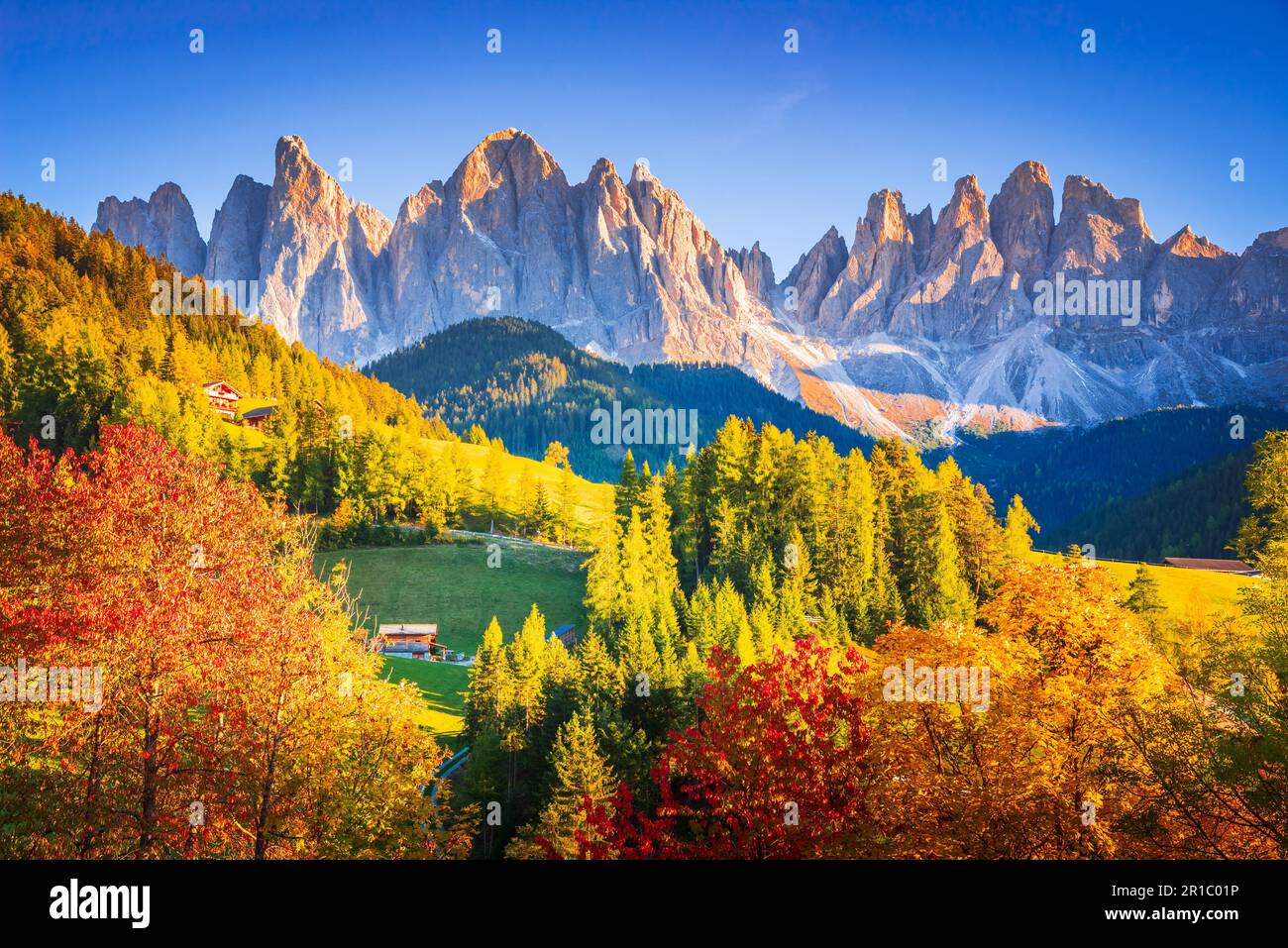 Val di Funes, Italy - Autumn scenic with Santa Magdalena village, idyllic Dolomites landscape in Funes Valley, South Tyrol, Italian Alps spotlight. Stock Photo