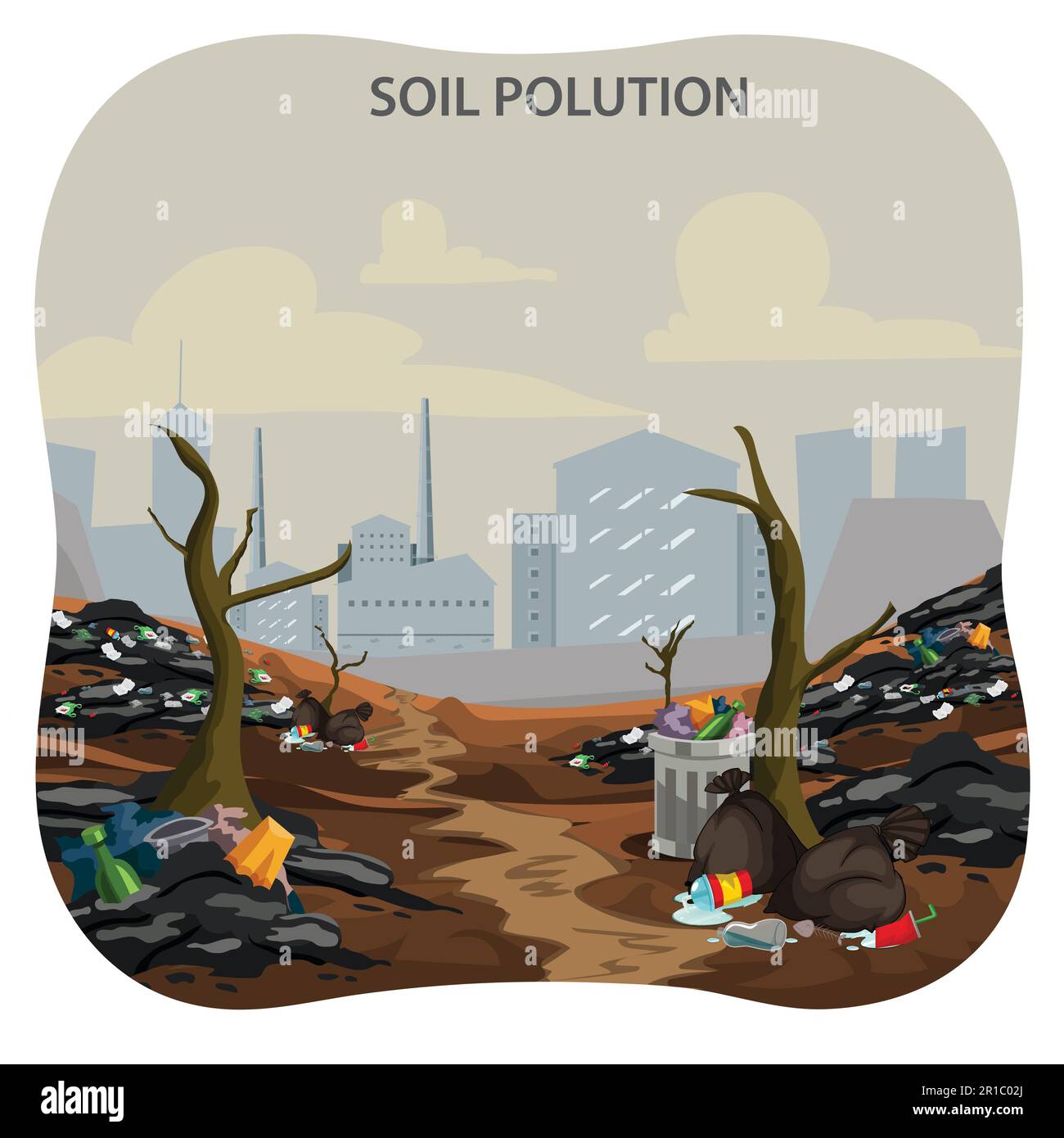 soil pollution by industrial production cartoon vector concept. Working plant, factory emitting smoke through chimneys, pouring toxic waste illustrati Stock Vector