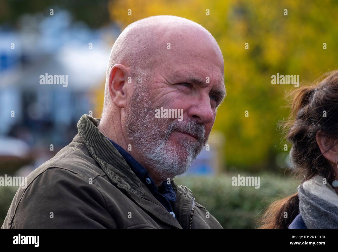 Well known author and activist, Richard Flanagan dressing the crowd at the No Stadium Rally on Parliament Lawns in Hobart, Saturday, 13th May. The rally was attended by more than 6,000 people opposed to the building of an AFL stadium at Mac Point on the Hobart waterfront. Stock Photo