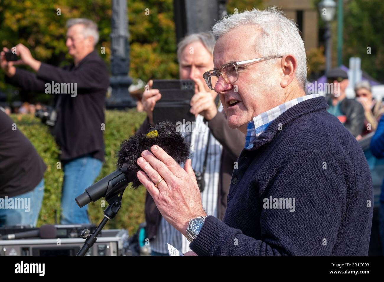 Independent parliamentarian, Andrew Wilkie addressing the crowd at the No Stadium Rally on Parliament Lawns in Hobart, Saturday, 13th May. The rally was attended by more than 6,000 people opposed to the building of an AFL stadium at Mac Point on the Hobart waterfront. Stock Photo