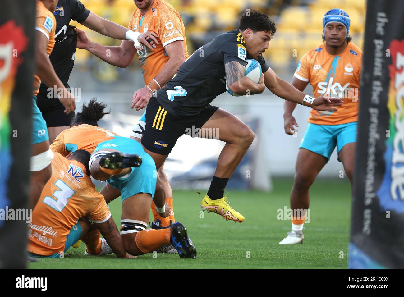 Hurricanes Billy Proctor runs in a try during the Super Rugby Pacific Round 12 match between the Hurricanes and Moana Pasifika at Sky Stadium in Wellington, New Zealand, Saturday, May 13, 2023