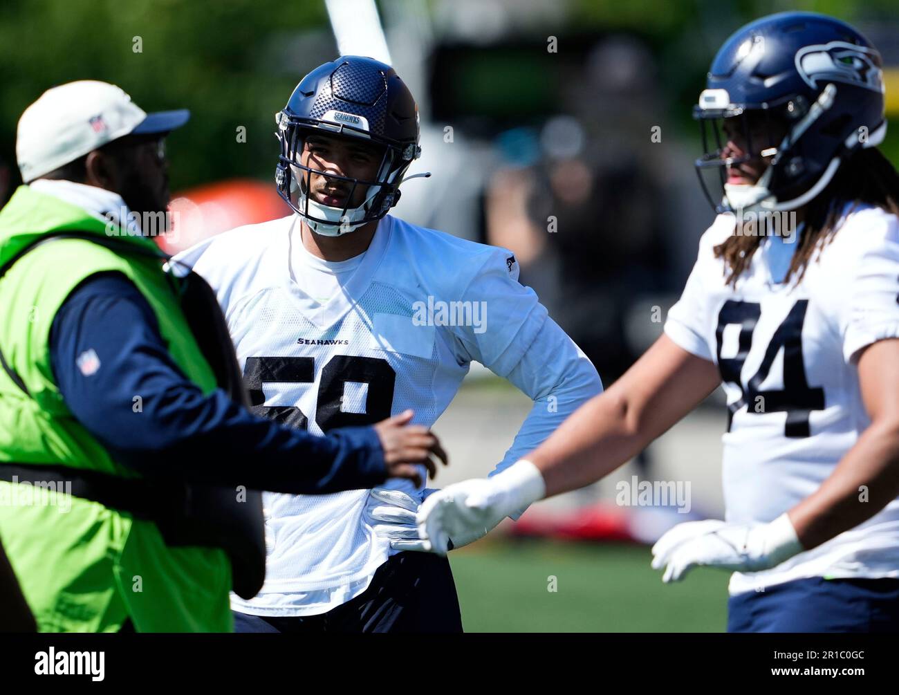 Seattle Seahawks linebacker Hunter Echols (59) looks on during the NFL football teams rookie minicamp, Friday, May 12, 2023, in Renton, Wash