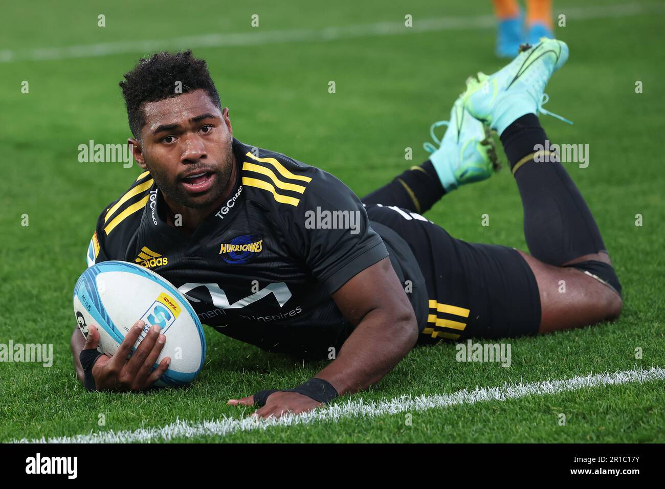 Hurricanes Kini Naholo scores a try during the Super Rugby Pacific Round 12 match between the Hurricanes and Moana Pasifika at Sky Stadium in Wellington, New Zealand, Saturday, May 13, 2023