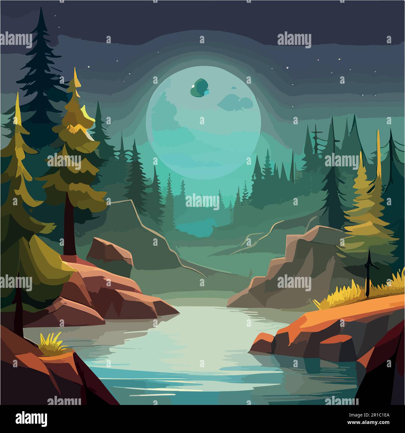 Vector illustration of mountain landscape. Forest mountain river and