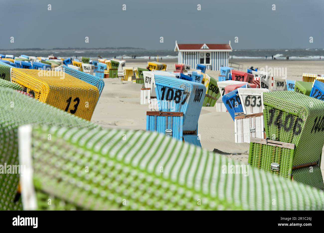 Empty beach chairs on a cool day in the pre-season on the beach of Langeoog, East Frisian Islands, Lower Saxony, Germany Stock Photo