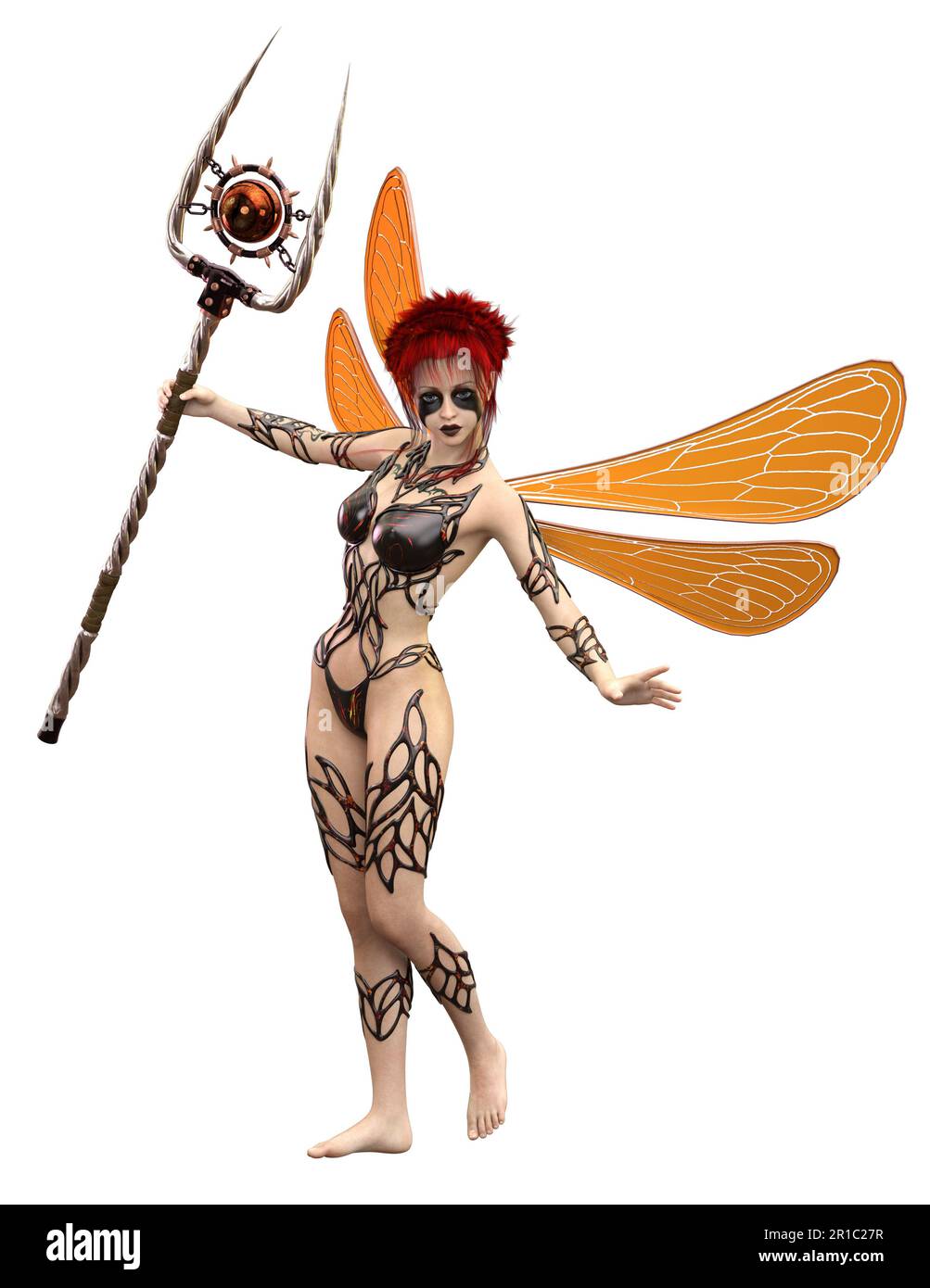 Abstract fantasy warrior fairy girl with mage weapon, 3D Illustration. Stock Photo