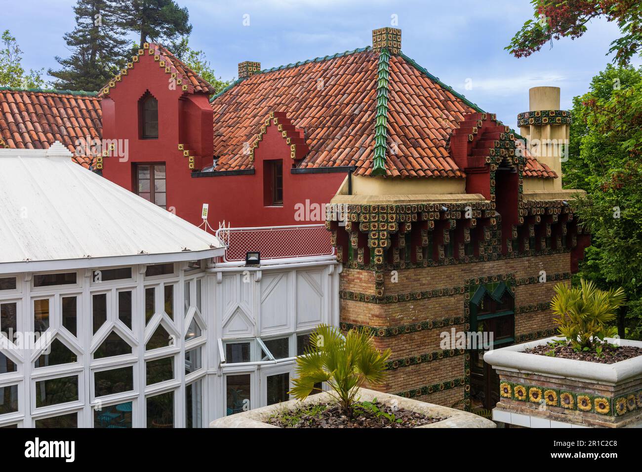 Exterior of Villa Quijano, popularly known as El Capricho, modernist building designed by Antoni Gaudi, located in the Comillas, Cantabria, Spain. Stock Photo