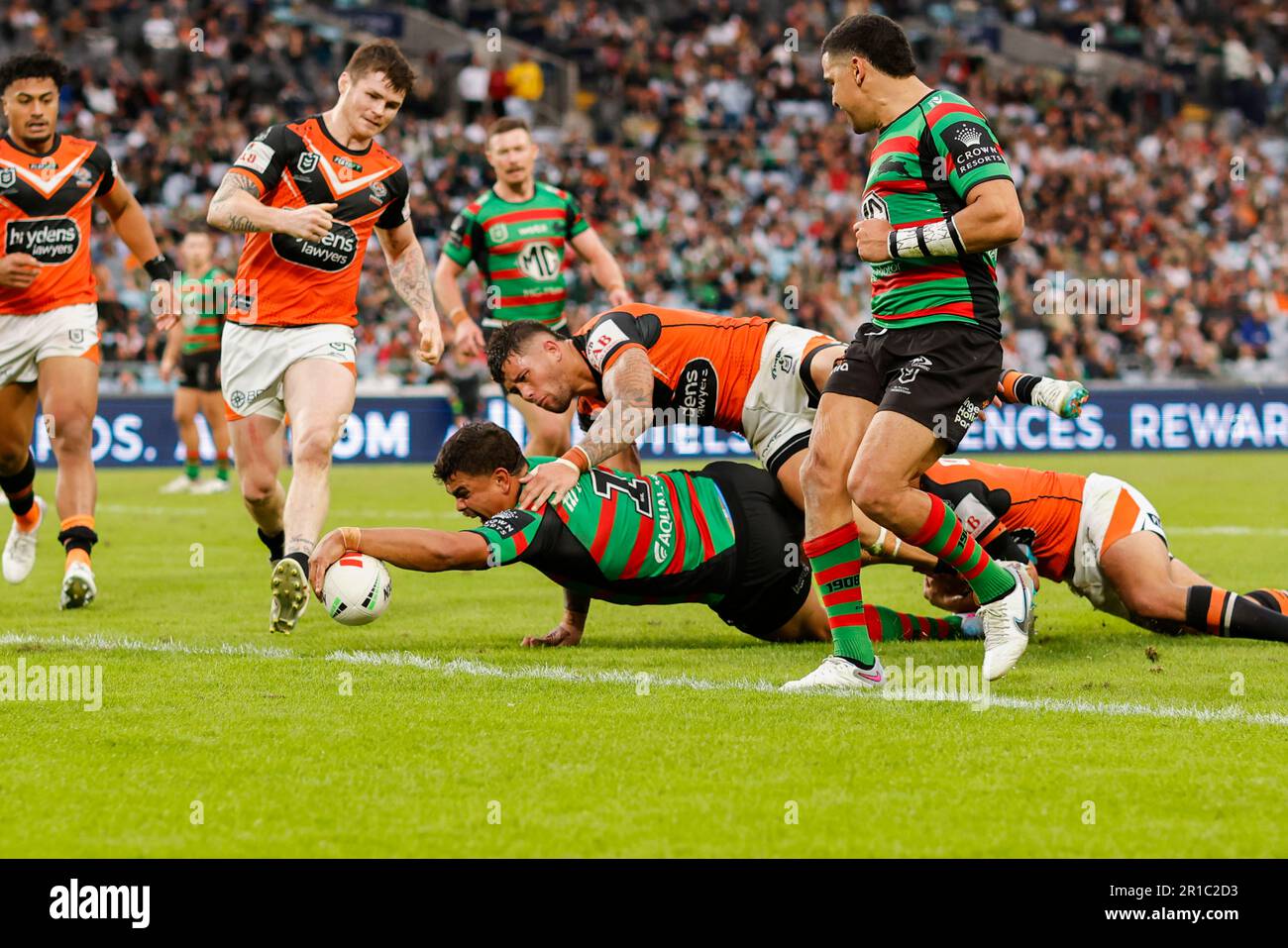 Rabbitohs Letrell Latrell Mitchell of the Rabbitohs scores a try during the NRL Round 11 ...