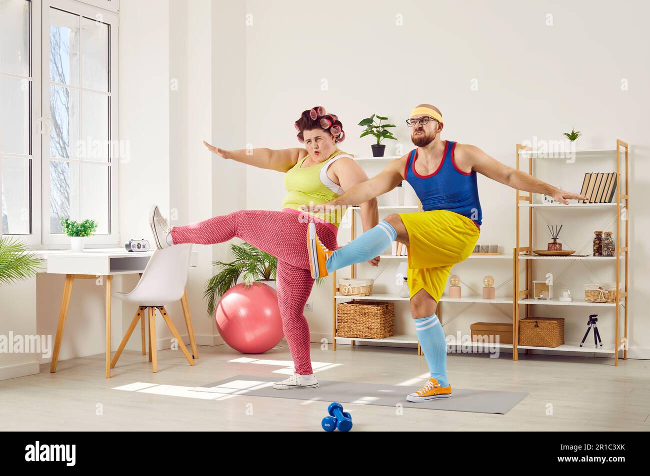 Funny fat woman and her personal sports trainer together doing fitness