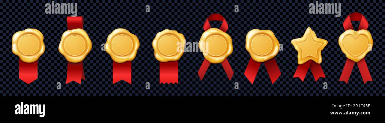 Gold wax stamp with ribbon vector certificate badge. Diploma medal seal in yellow and red isolated on transparent background. Golden circle tag award Stock Vector