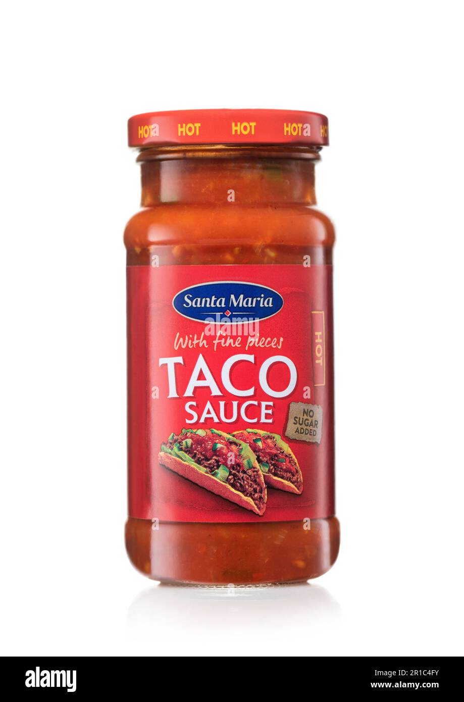LONDON,UK - APRIL 12, 2023: Hot Taco sauce with fine pieces by Santa Maria on white. Stock Photo