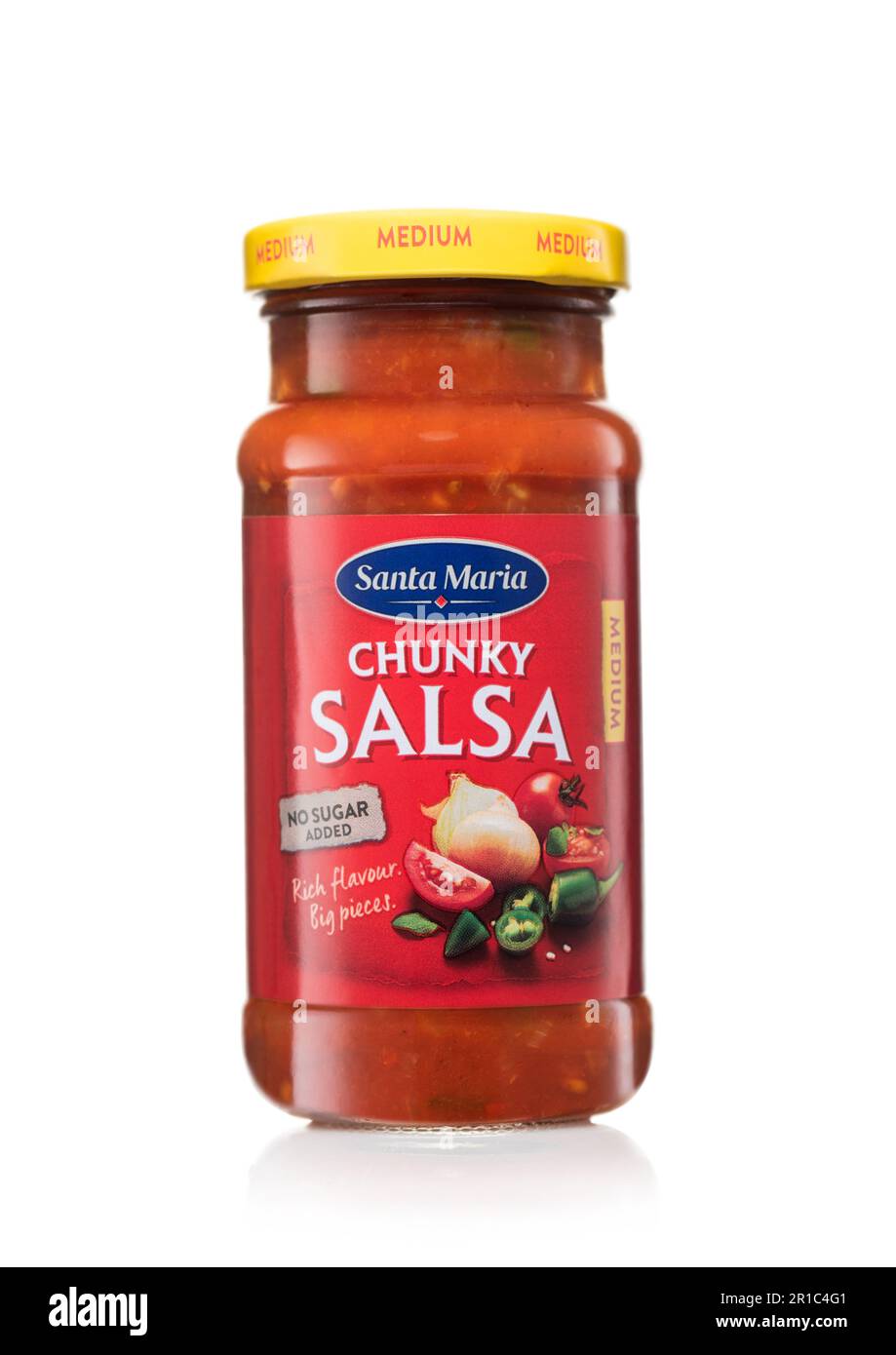 LONDON,UK - APRIL 22, 2023: Chunky Salsa dip sauce with tomato and jalapeno by Santa Maria on white. Stock Photo