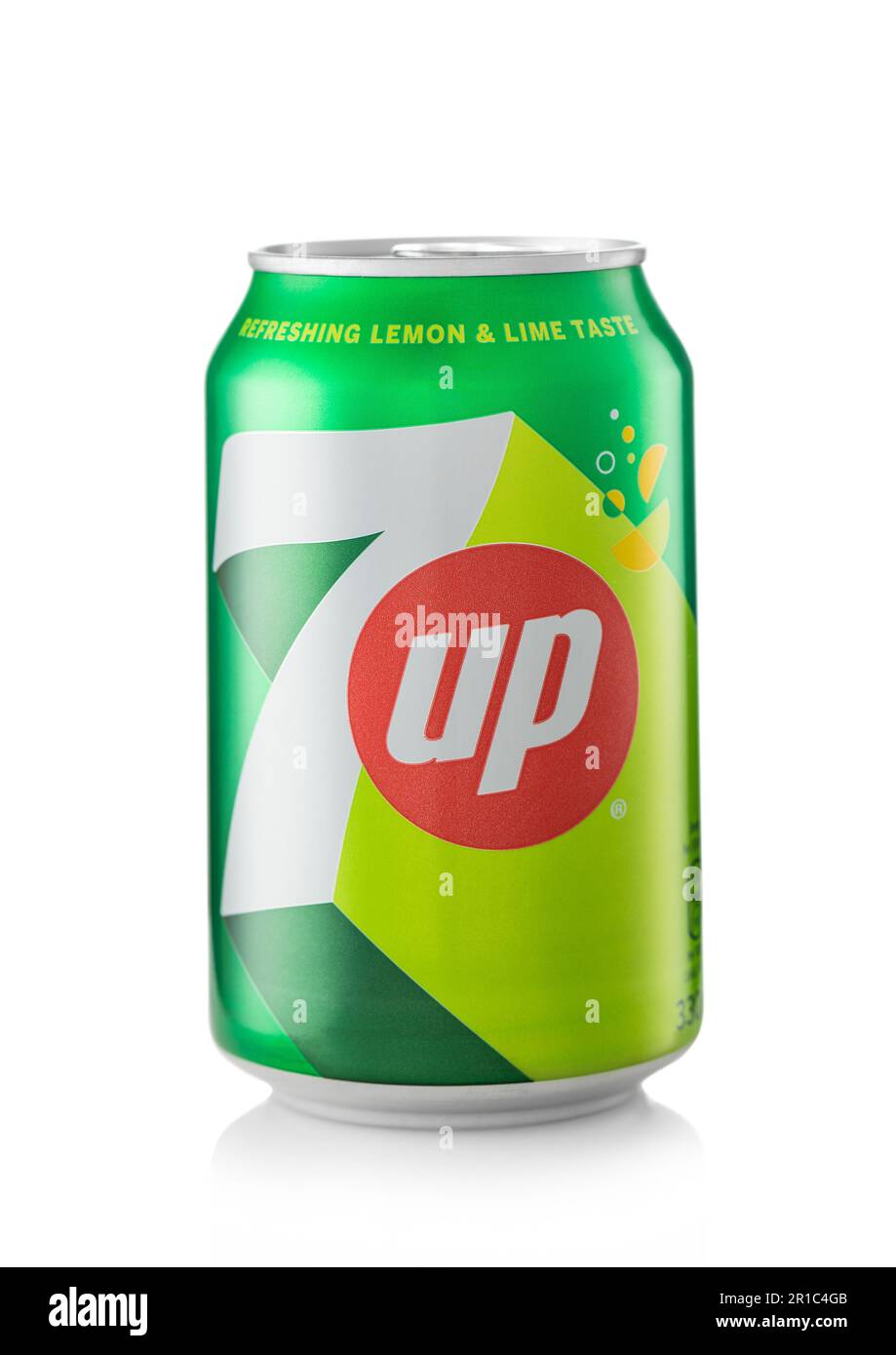 LONDON,UK - APRIL 21, 2023 : Aluminium can of Seven UP lemon lime soda drink on white. 7UP Stock Photo