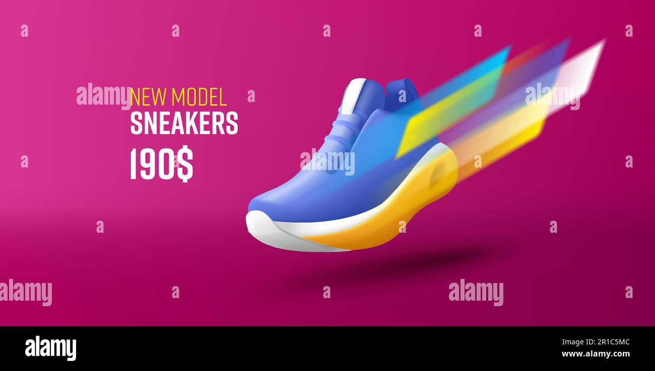 New collection sneakers shoe advertising promo banner with 3d shoe with dynamic fast movement blurred stripes and price Stock Vector