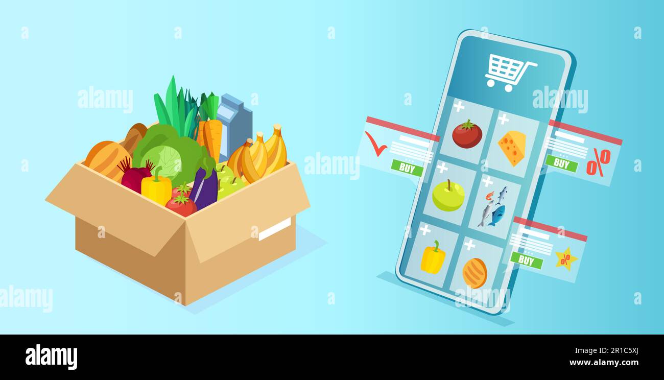 Isometric vector of an online grocery shopping app on smartphone and groceries in a box Stock Vector
