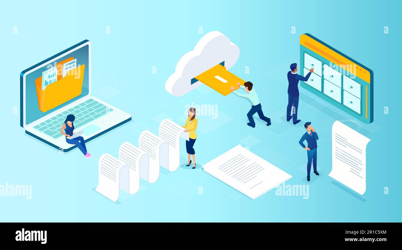 Vector of office people managing data files using cloud services Stock Vector