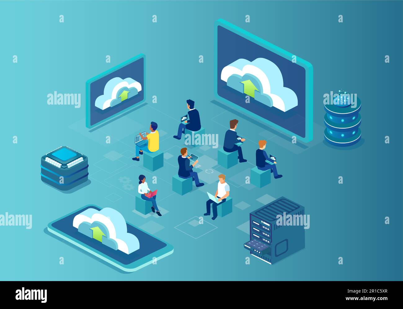 Vector of a group of people using computers and cloud services Stock Vector