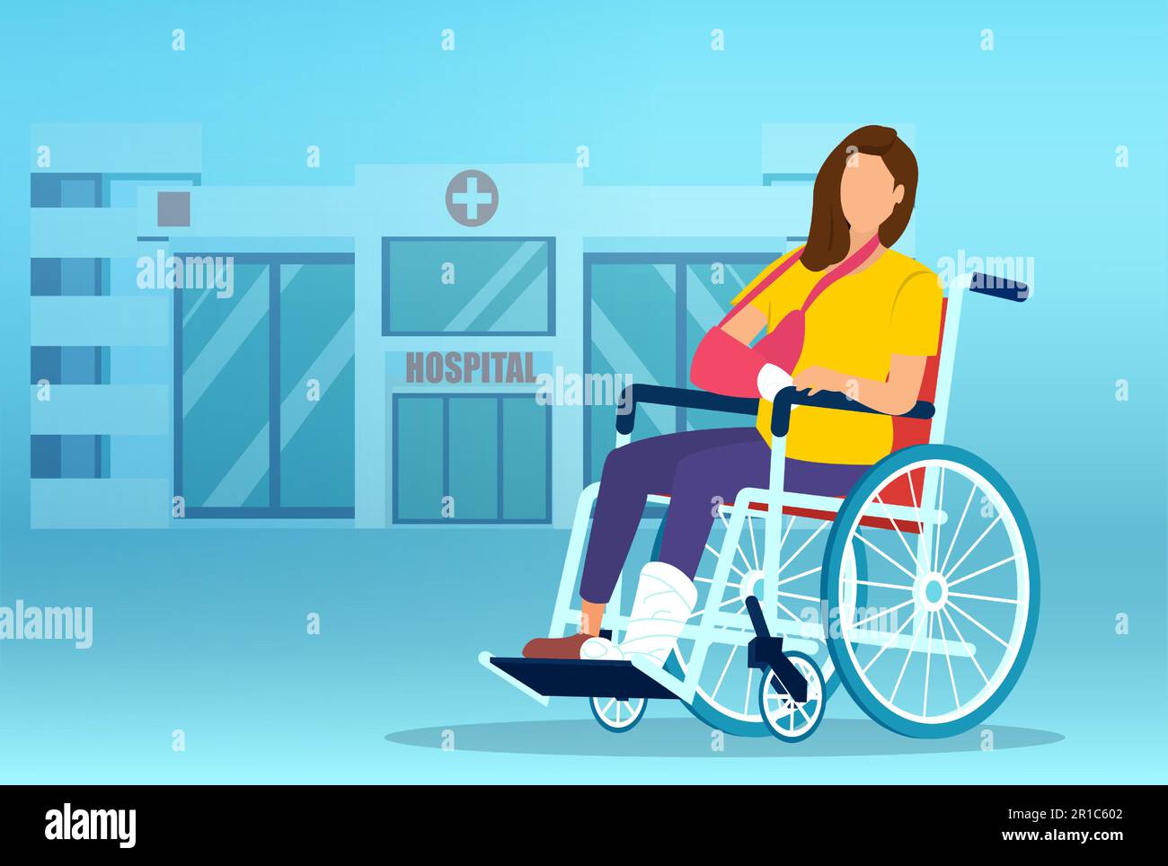 Vector of a sad young woman with leg and arm fracture sitting in a wheelchair on a hospital background Stock Vector