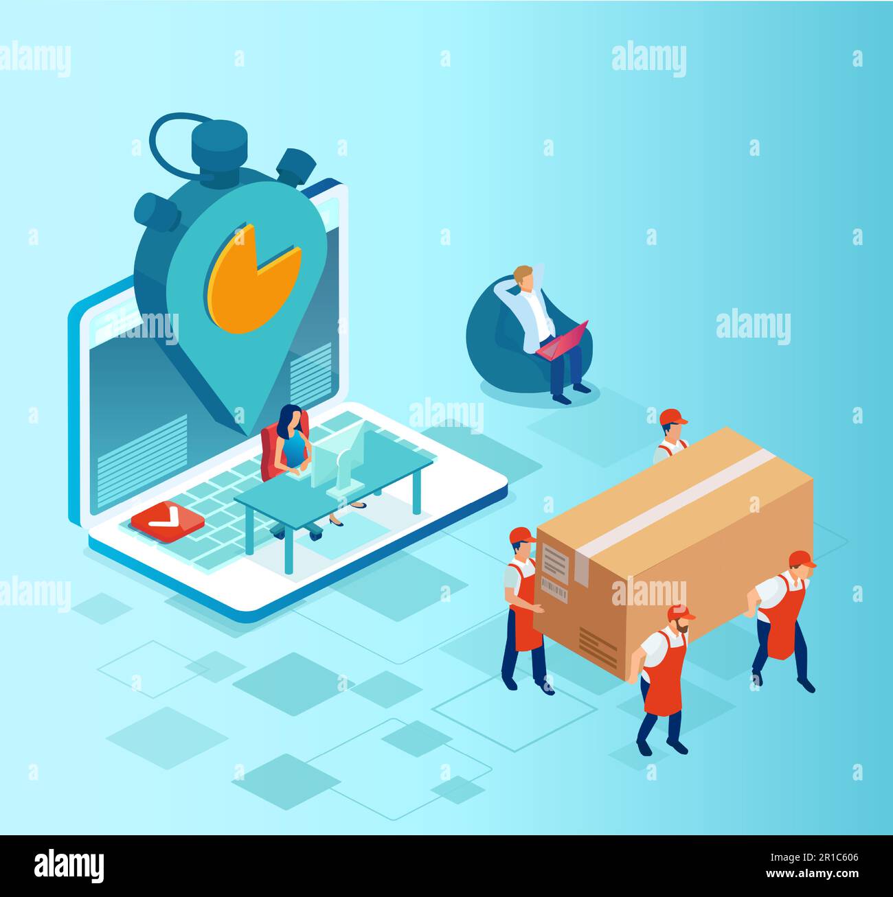 isometric vector of a man shopping online being assisted by an internet store assistant Stock Vector